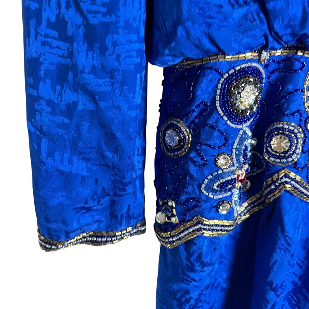 Vintage 80s d’ore Royal Blue Jewel Beaded Silk Jacquard Long Sleeve Dress Size 8 - Picture 6 of 11
